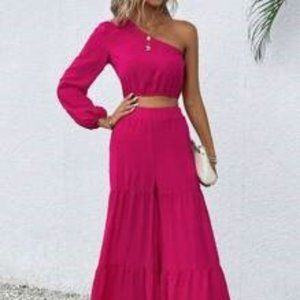 NEW SHEIN Essnce One Shoulder Lantern Sleeve Crop Blouse Ruffle Hem Pant…